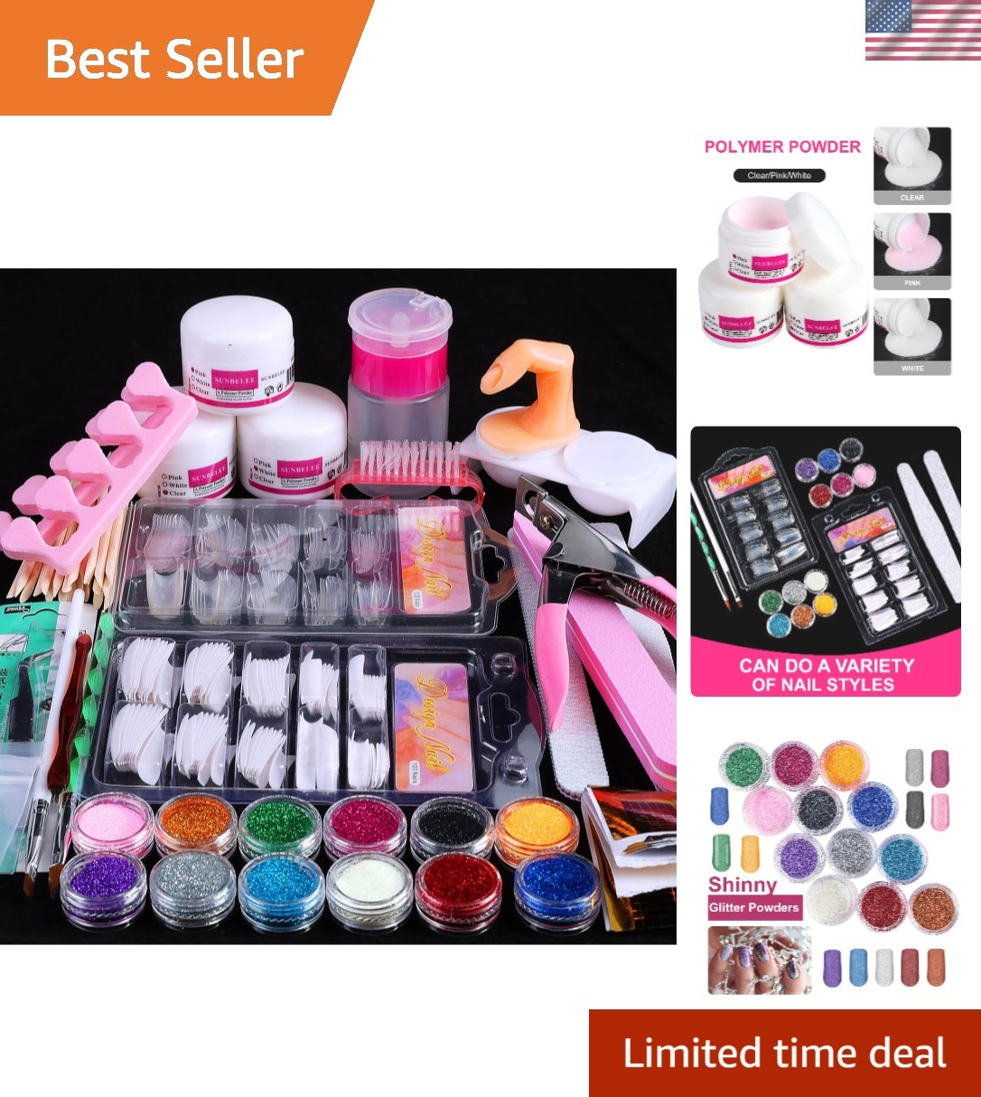 All-In-One Acrylic Nail Kit – No UV Lamp, Perfect for Beginners with 12 Glitters