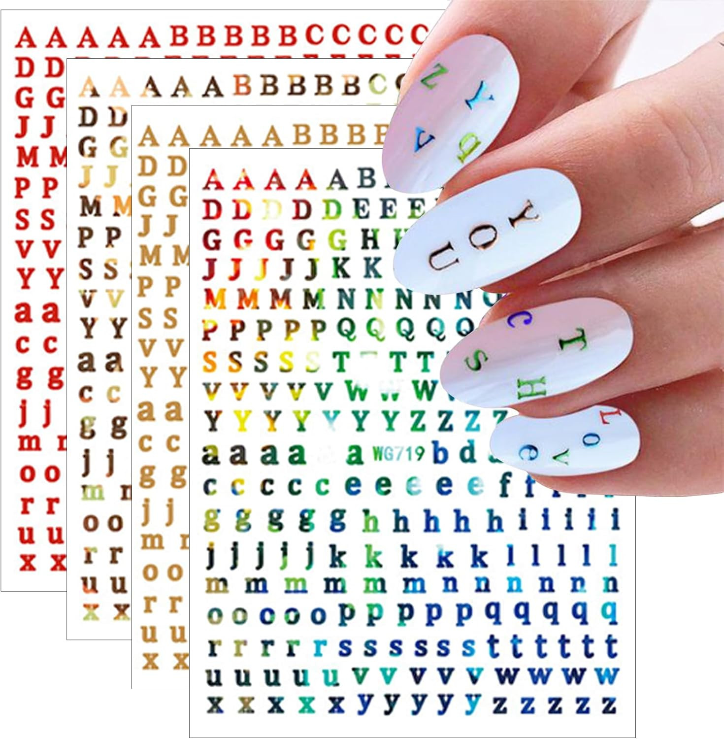 8Sheets Letter Nail Art Stickers 3D Self-Adhesive Laser Alphabet Nail Stickers