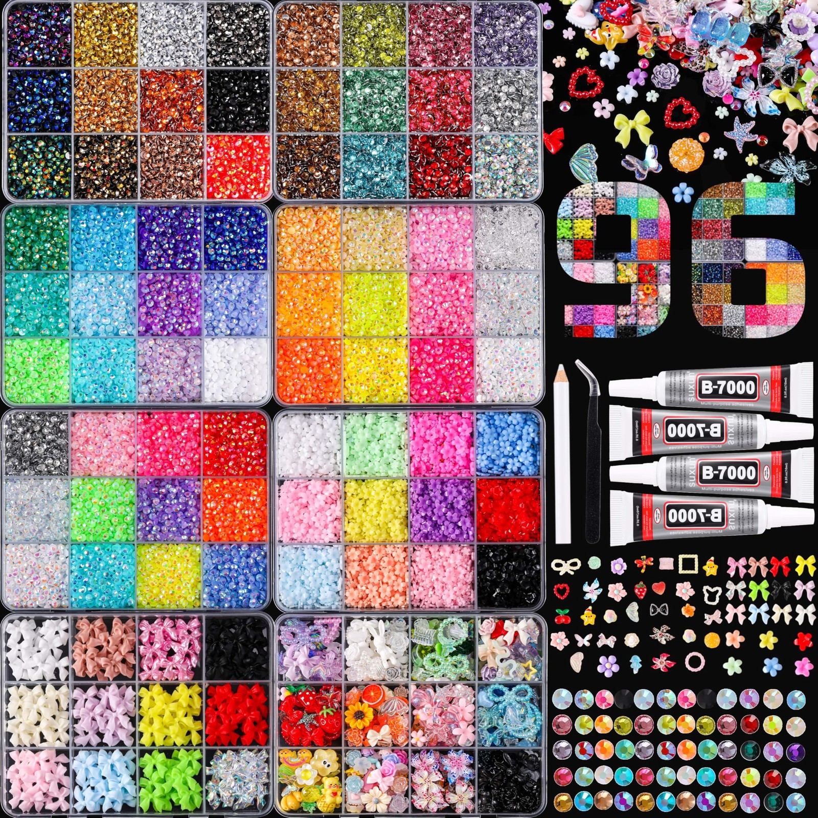 LERBOU Bedazzling Kit – 8 Boxes 3D Nail Art Accessories: 60 Colors Resin Rhin…