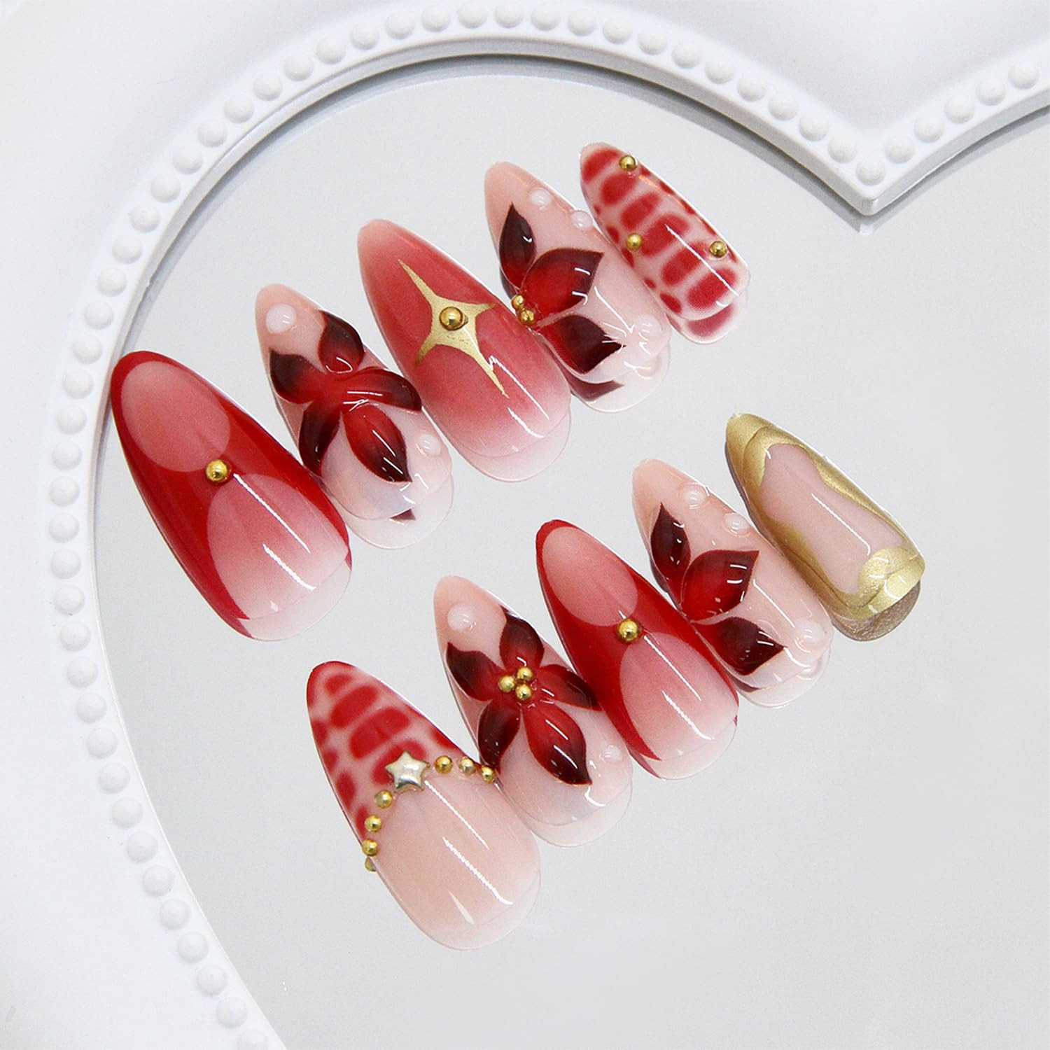 24 Pcs Red Flower Press on Nails Medium Almond Fake Nails with 3D Floral Gold Be