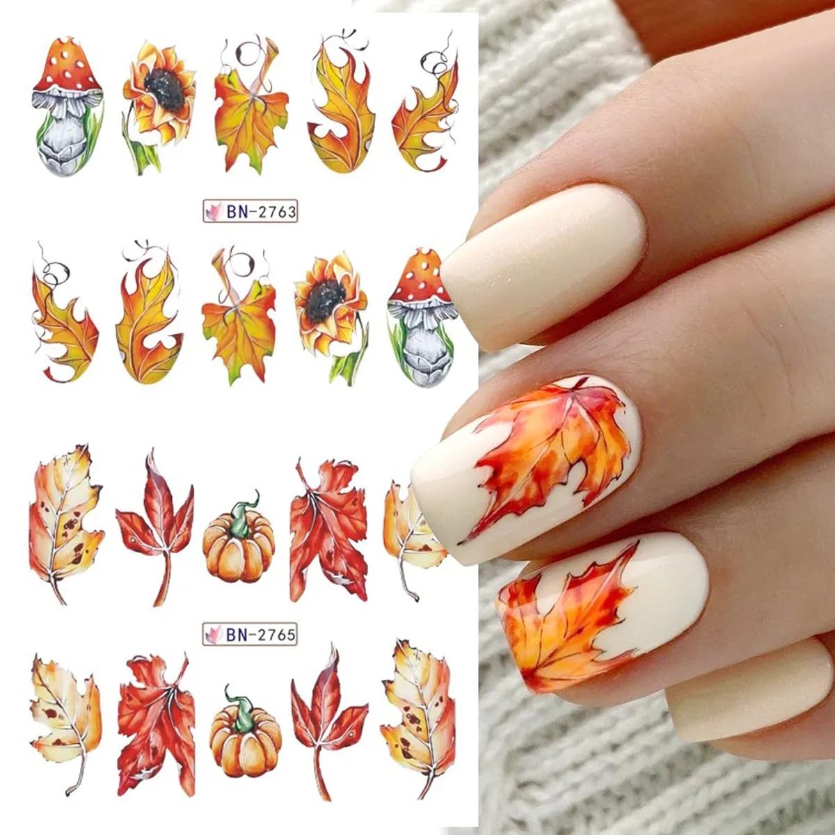 12Pcs Maple Leaf Nail Stickers Fall Nail Art Water Decals Chili Sunflower Pum…
