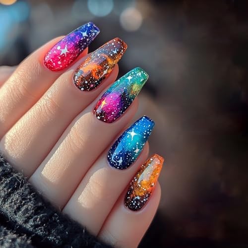 Press On Nails Medium Ballet Shaped False Nails 24Pcs Multi Color Stasrry Sky