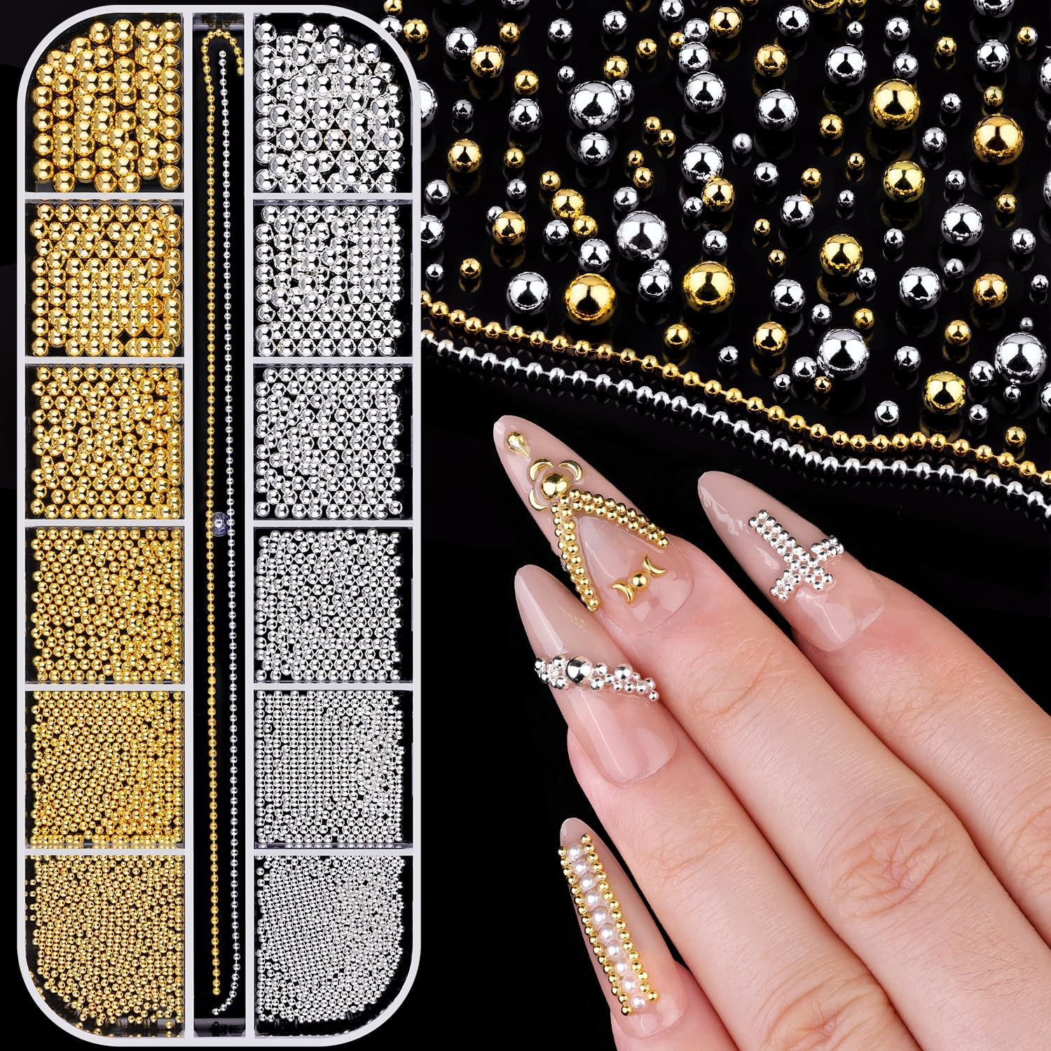 Mini Metal Nail Beads Caviar Charms for Nail Art – Gold & Silver Gems