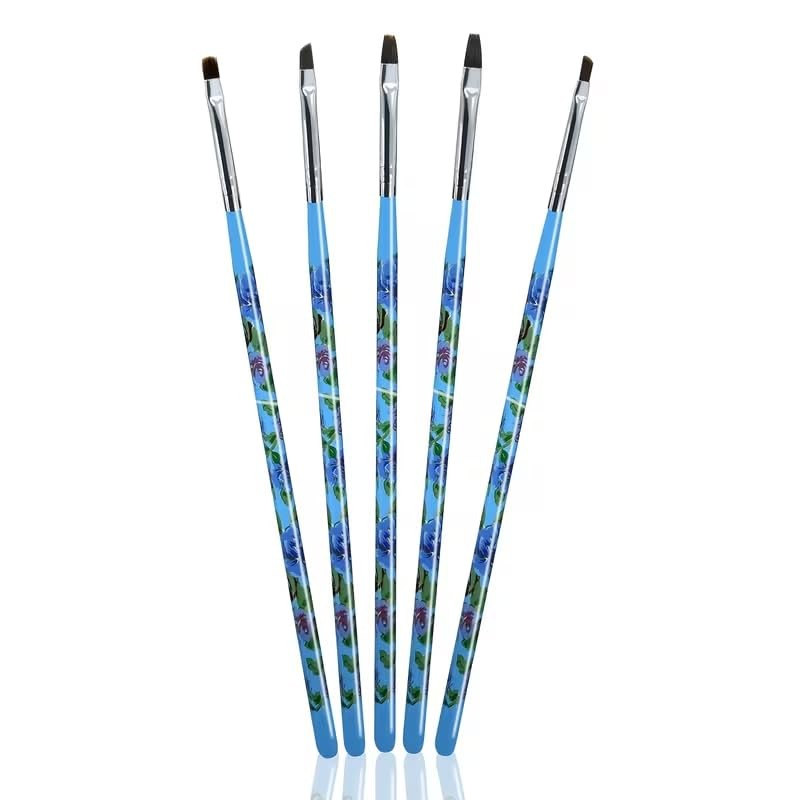 5Pcs UV Gel Nail Brush Set, Floral Handle Flat & Angled Nail Art Brushes, Blue