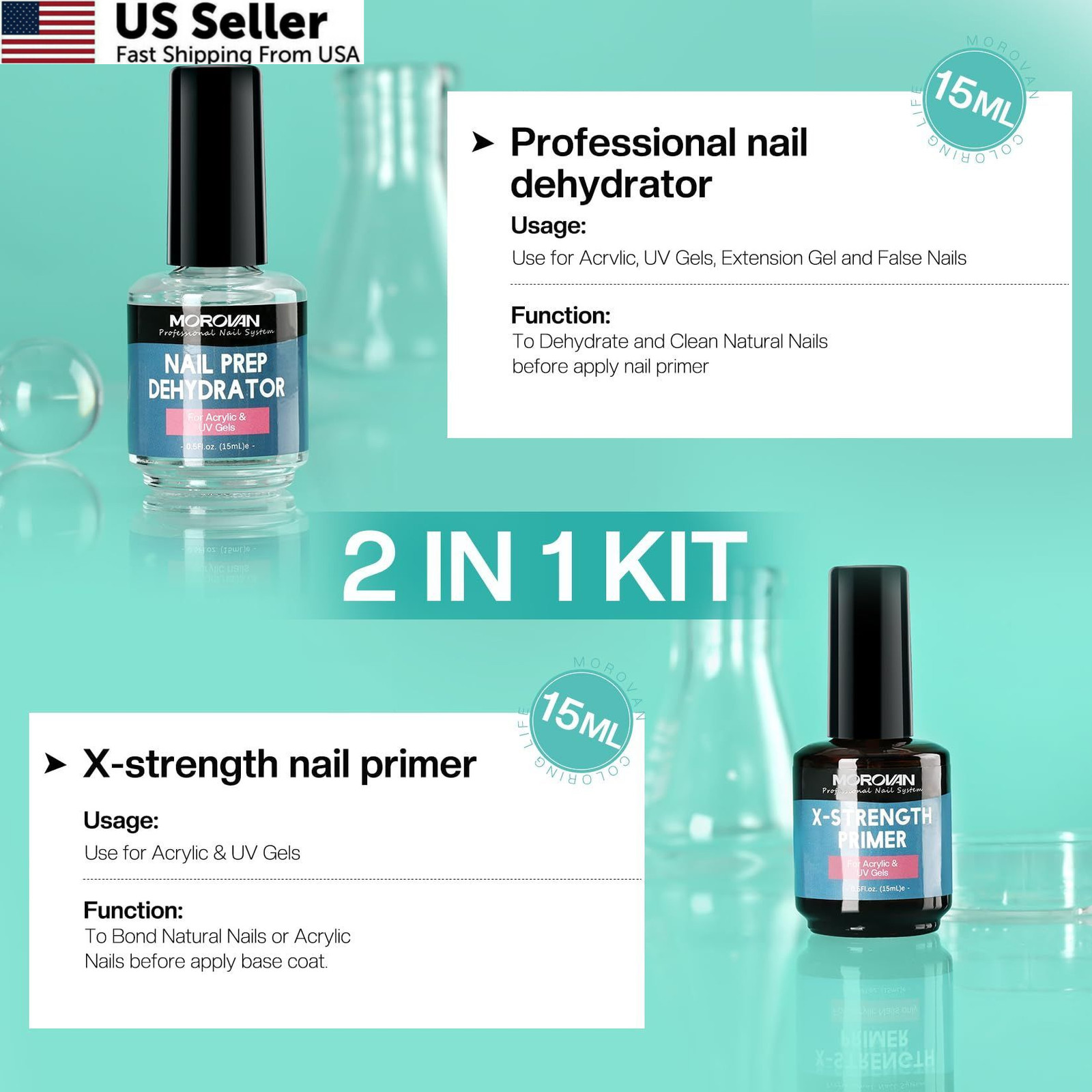 Morovan Nail Prep Dehydrate and Primer 0.5 Fl Oz (Pack of 2), Clear