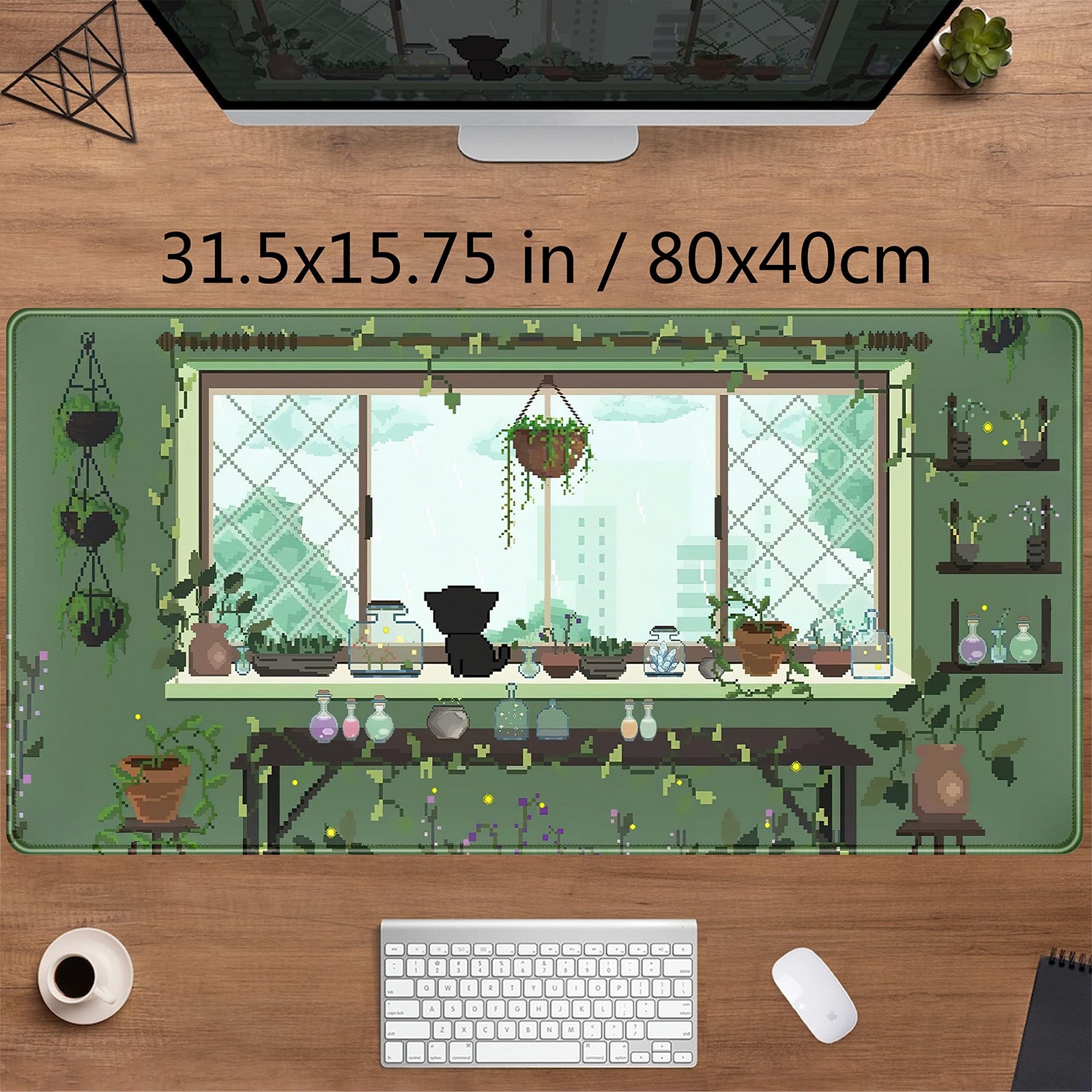 Cute Kawaii Green Plant Desk Mat Anime Aesthetic Mousepad Pixel Art XXL Large…