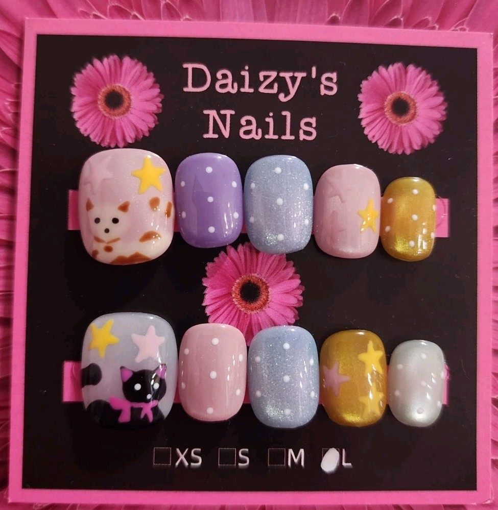 Large Size Cat Dot Star Press-on Nail Set Handmade Square Round 1.5 Cm Length