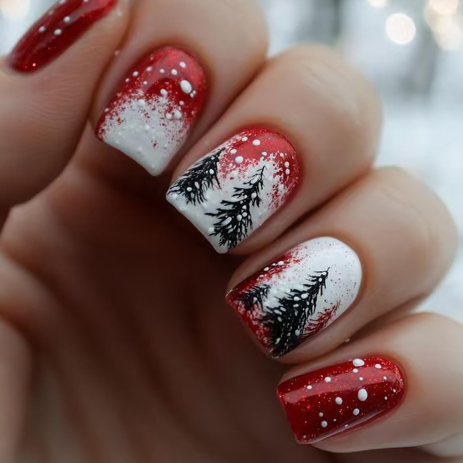 24Pcs Christmas Press on Nails Short Square Fake 12 sizes, Multicolor