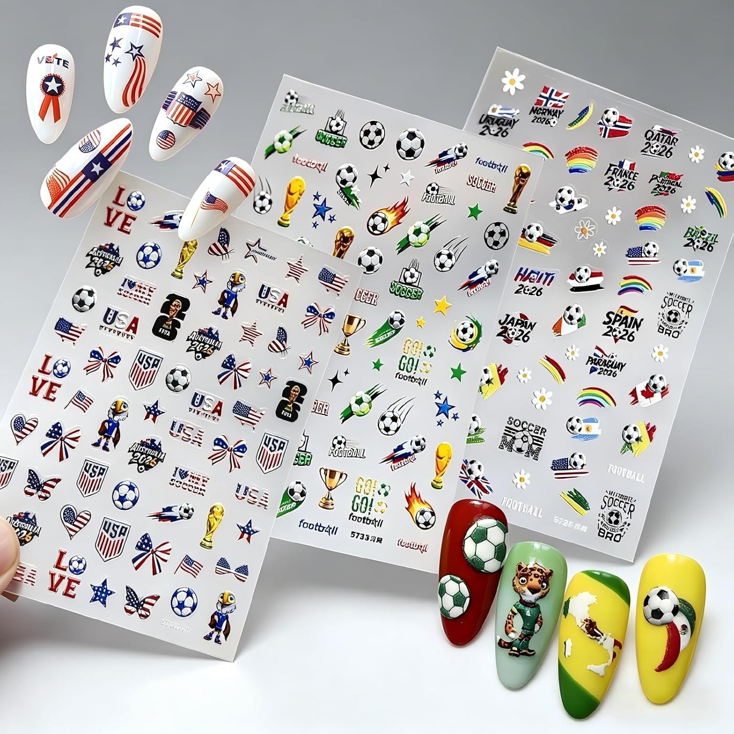 3 Sheets World Cups Nail Art Stickers 5D Self-Adhesive Embossed 2026 Soccer D…