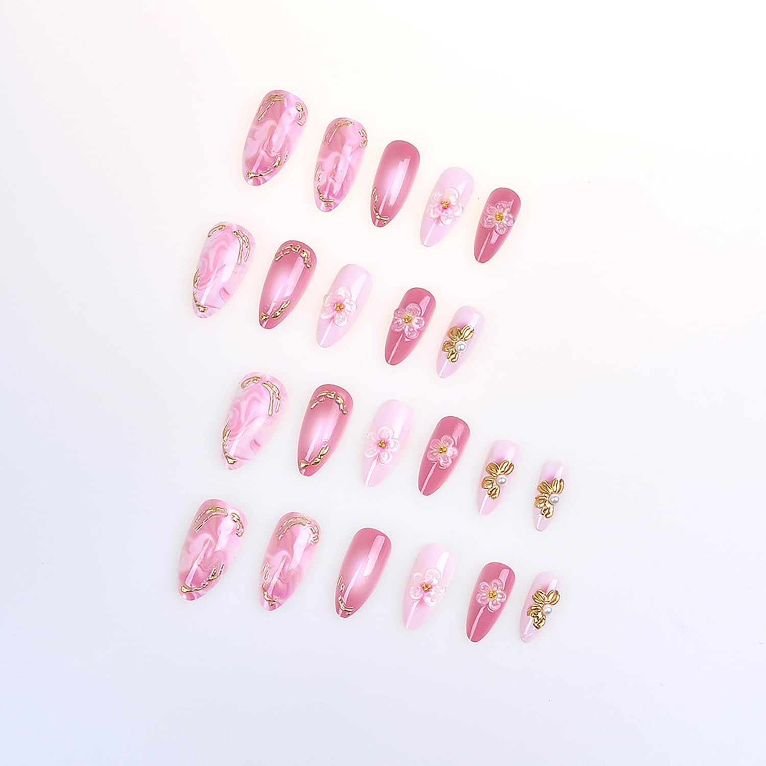 24Pcs Pink Press on Nails Medium Almond Fake Nails with 3D Pink Gold Floral Line