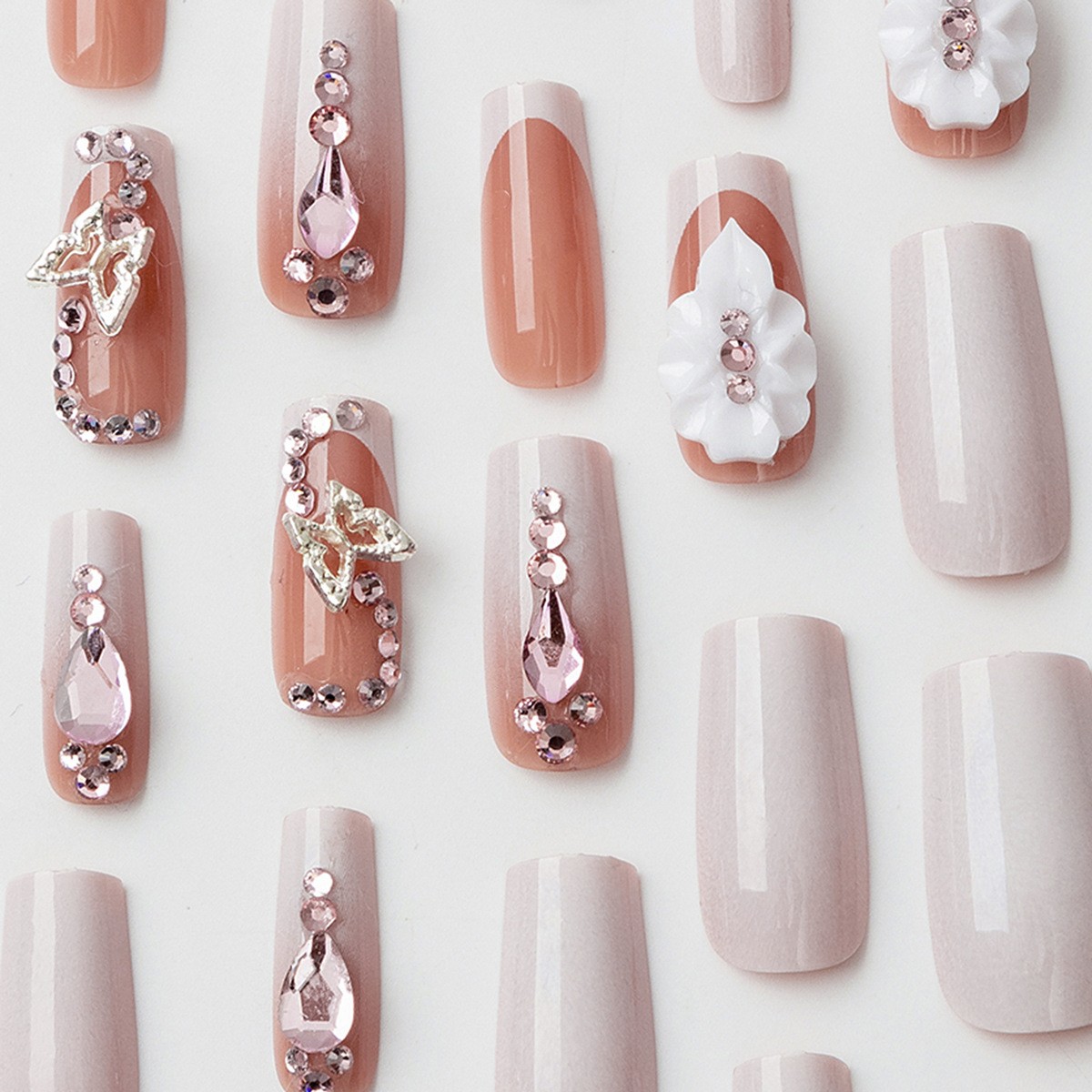 48 Pieces of Square Peach French White Border Relief Point Drill Fake Nail Art