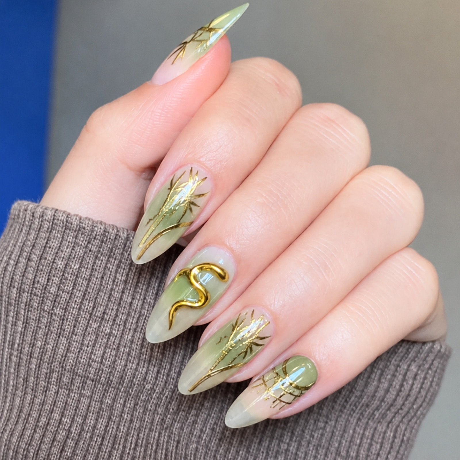 Handmade Green Gold 3D Press On Nails Long Almond Bamboo Art