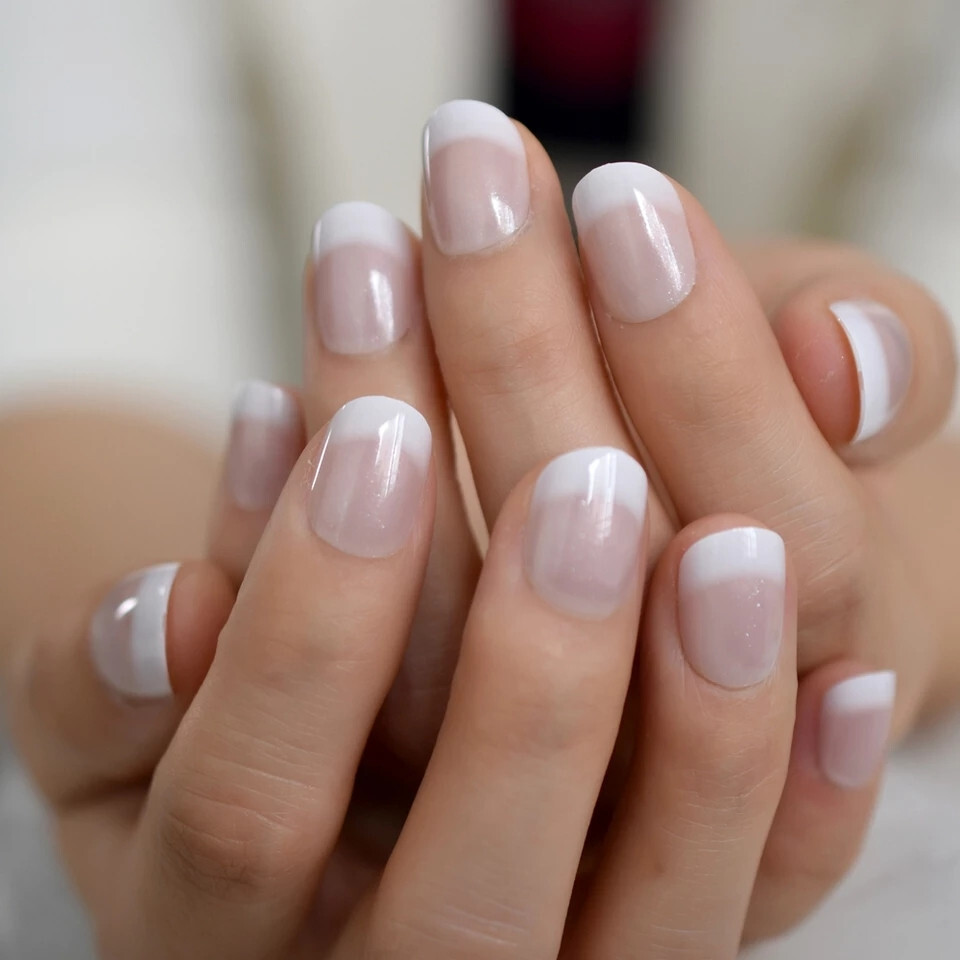 24 Short Press on nails kit w/ glue ombre french tip white pink gradient nude