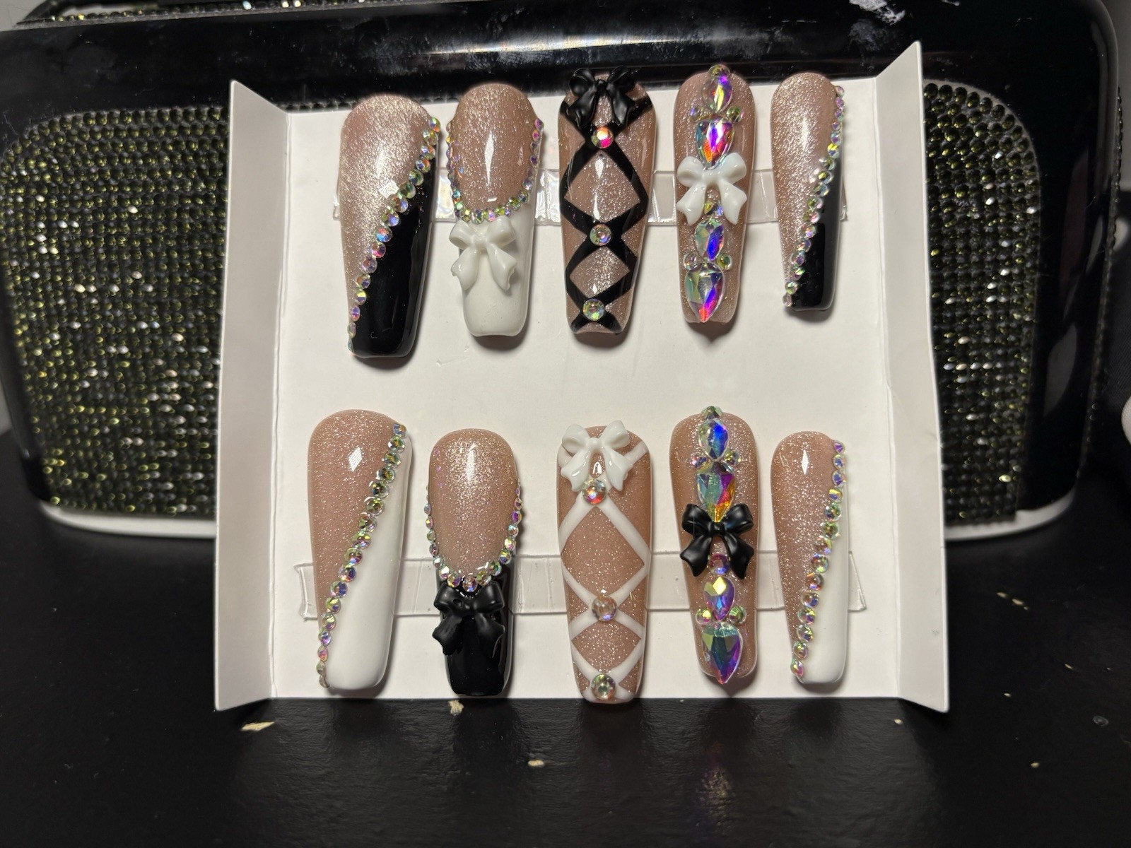 Long Coffin Glitter Bow Diamond Press-On Nails Nude Black White Acrylic