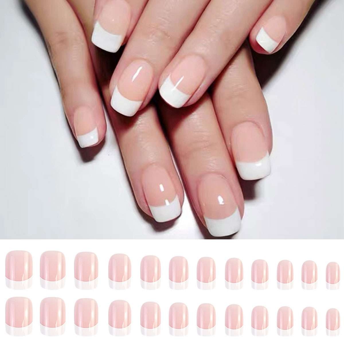 24pcs Short Square White French Style Fake Nail False Nails Press On Nails Glue