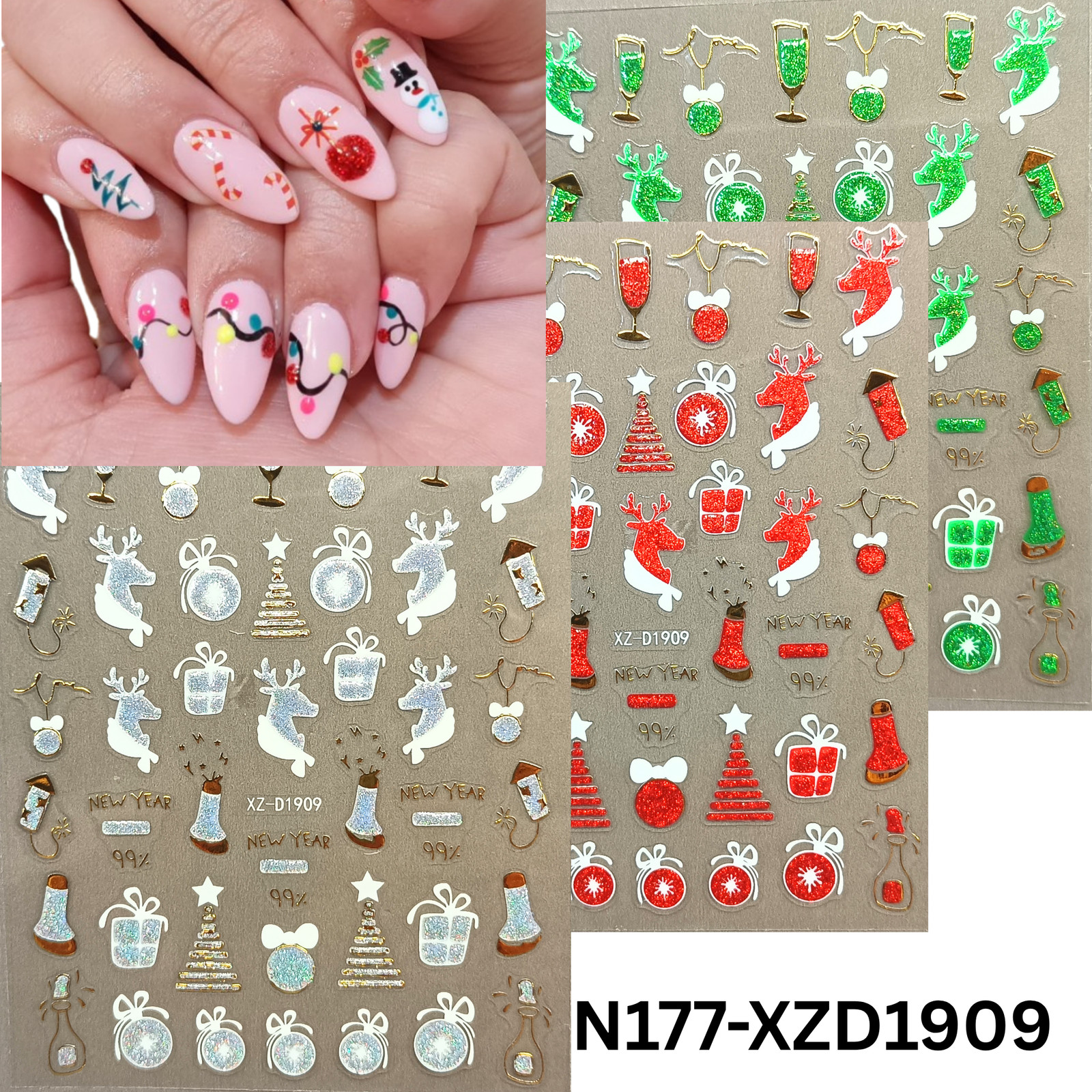 Merry Christmas Nail Stickers – Candy Stripe & Reindeer Design