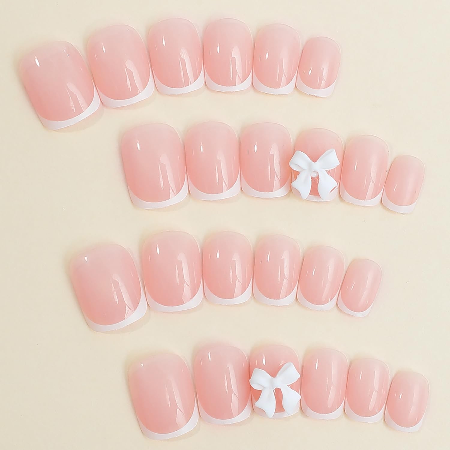 24Pcs White French Tip Press on Nails Short Square Fake Nails with Bow Charms…
