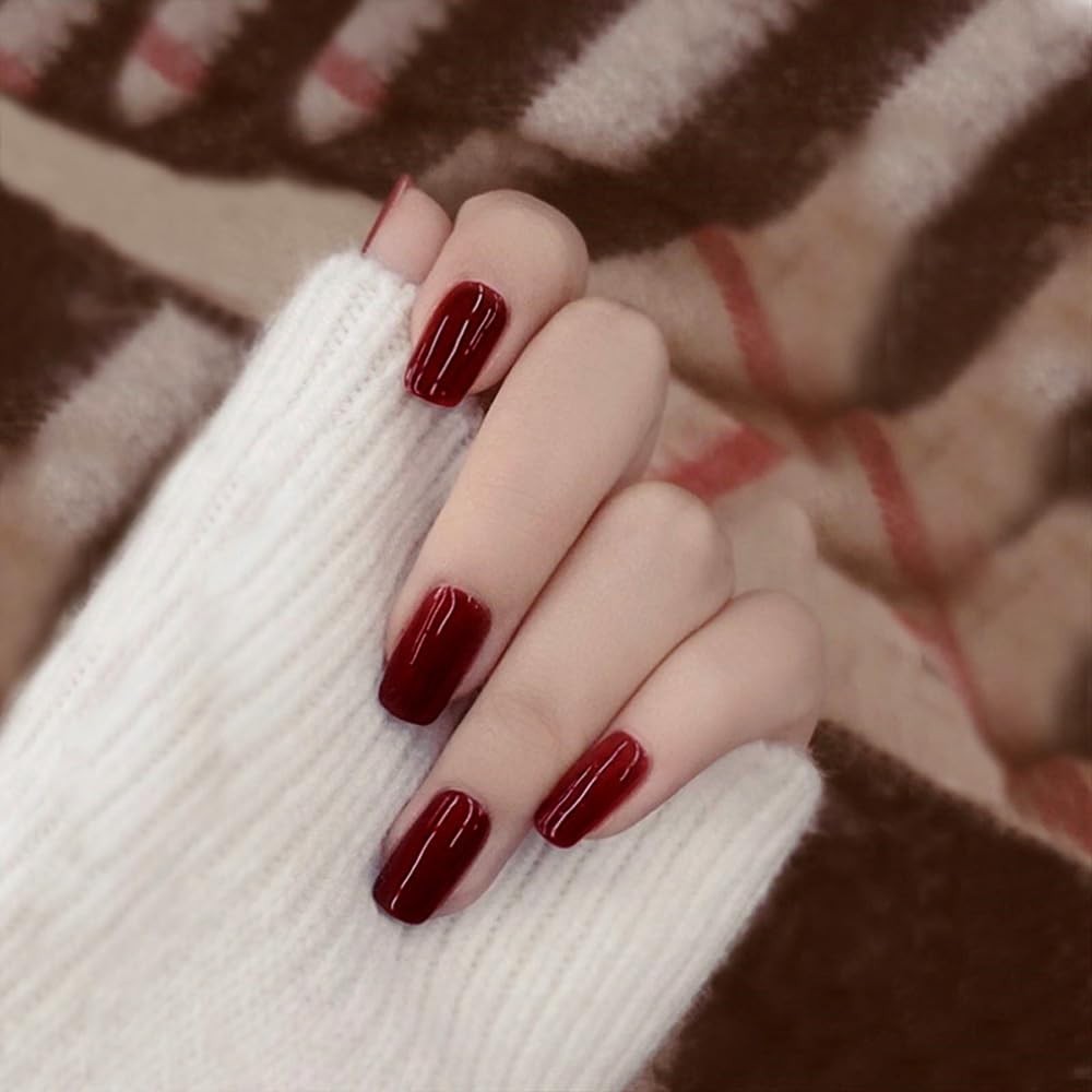 Glossy Dark Wine Red Press on Nails,Short Squoval False Nails,Beauty Solid Co…