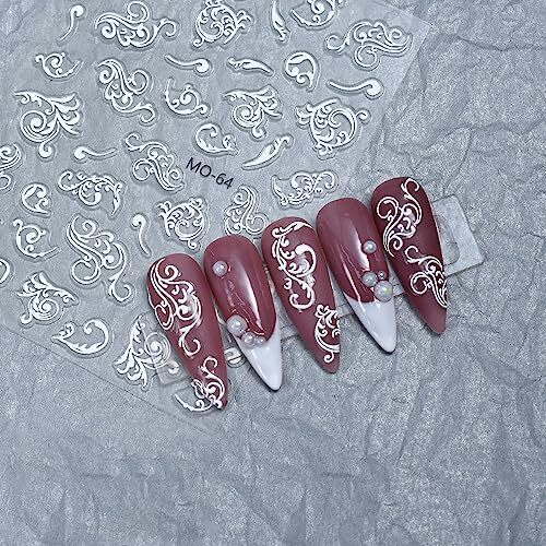 6 Sheets 5D Embossed Lace Flower Nail Stickers,Hollowed Out White Flowers