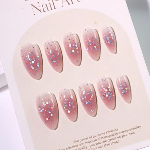 Cute Pink Glitter Press On Nails Almond Shape – 57-Tip with Pink Pearl Glitter