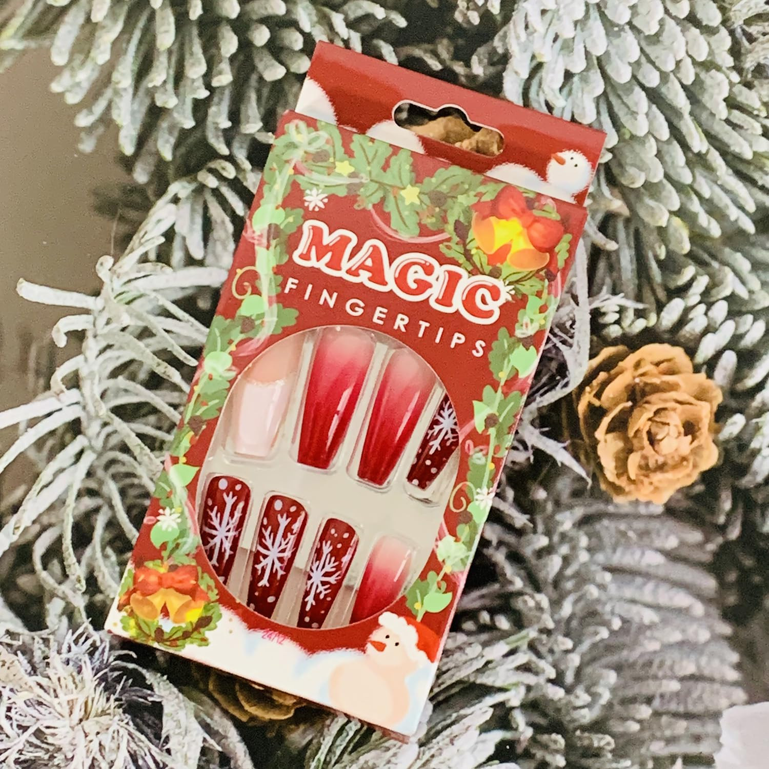 Christmas Artificial Fake Nails, Press on Nails Square Long Length, 24Pcs Glossy