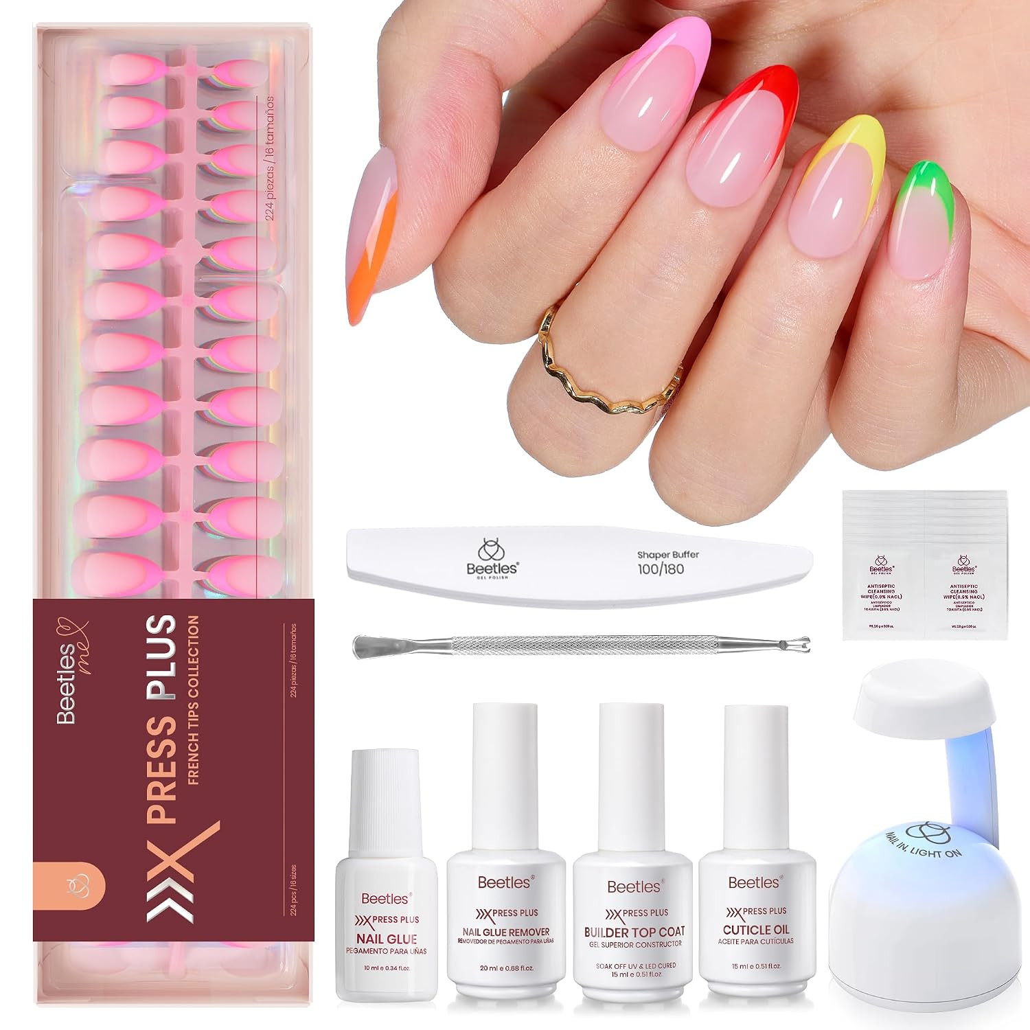 X Press Gel Nail Kit: 7 Colors Short Almond French Tip Press on Nails Kit with 2