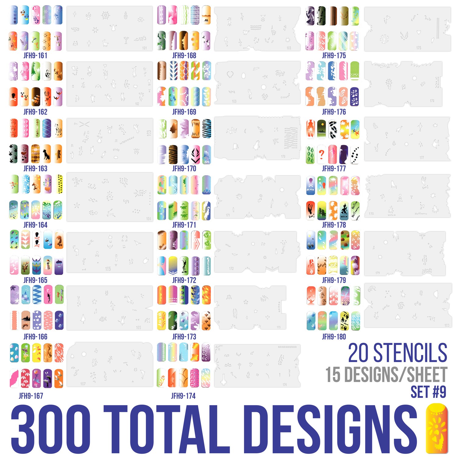 300 Airbrush Nail Art STENCIL DESIGNS Set 9 – 20 Template Sheets Kit Brush Paint