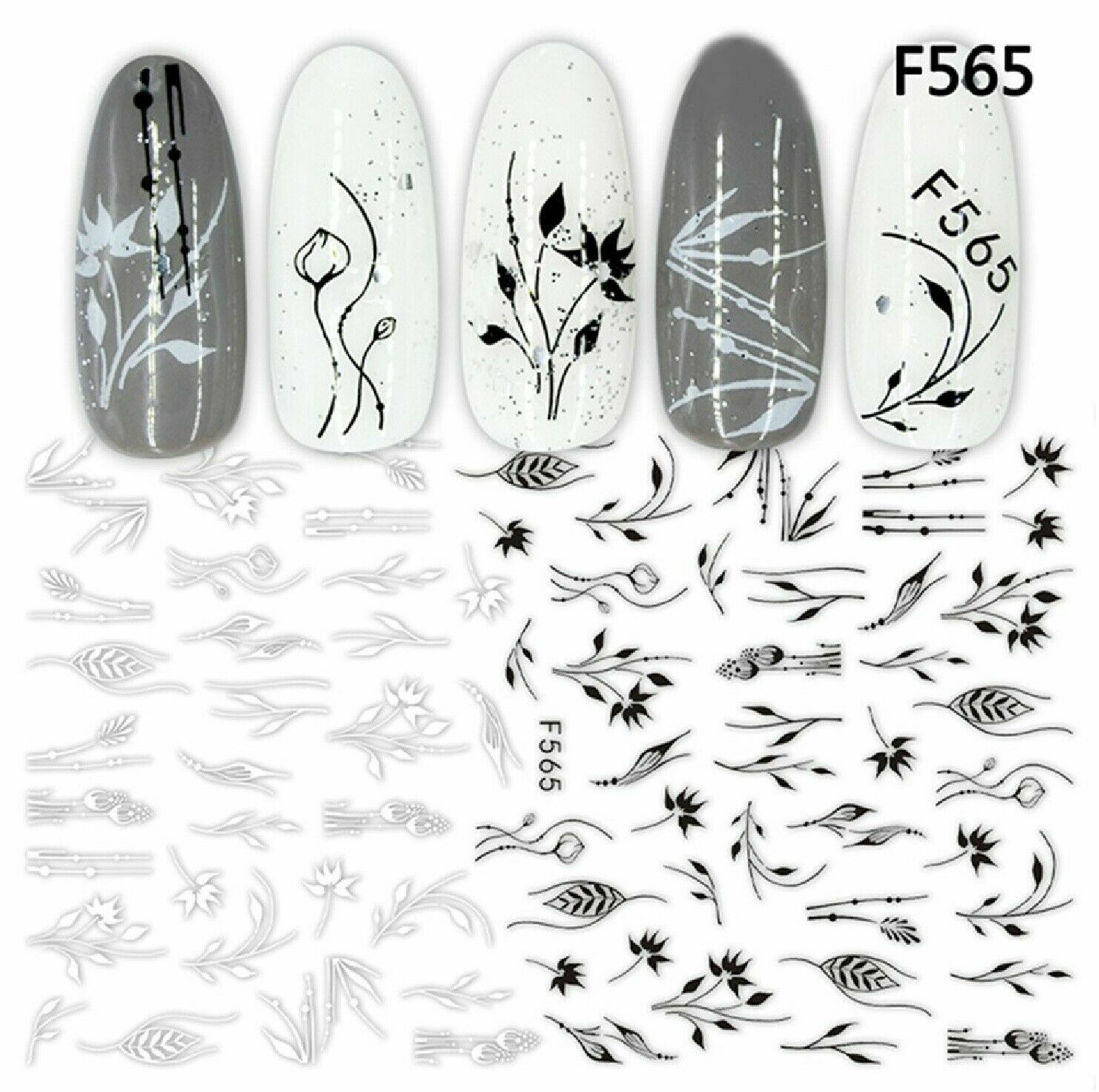 Nail Art Stickers Transfers Decals Black White Abstract Line Flowers (F565) NS14