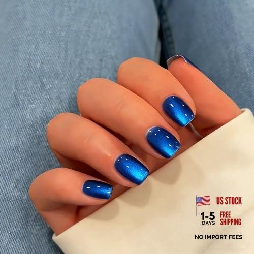 Cat Eye Press On Nails Short – 30 Pcs Glitter Royal Blue – Sapphire