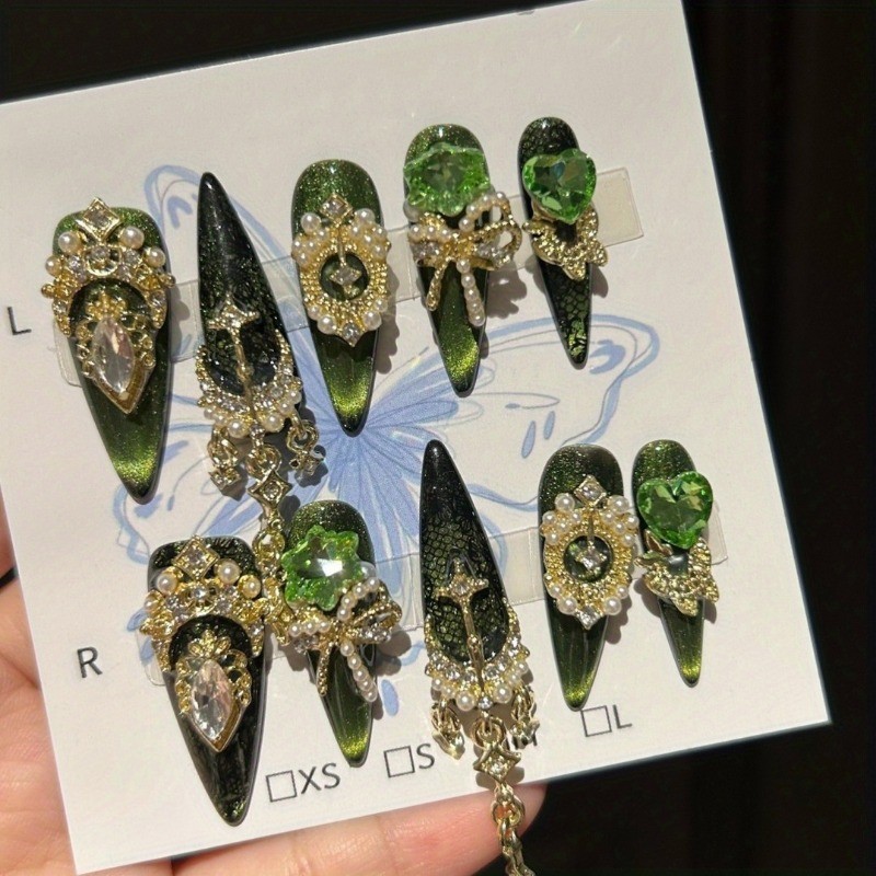 10 pcs handmade armor green cat’s eye lace bottom, flash heavy industry manicure