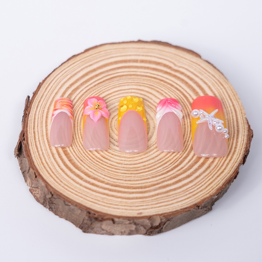 Handmade Square Press On Nails Floral Orange Pink Gradient Press On Nails S-L