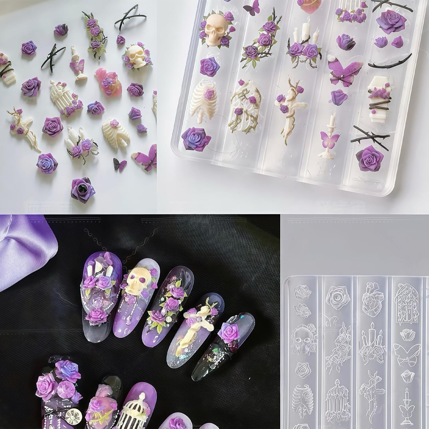 Gothic Nail Art Molds Kit – 3D Skull, Rose & Butterfly Designs for DIY Manicure