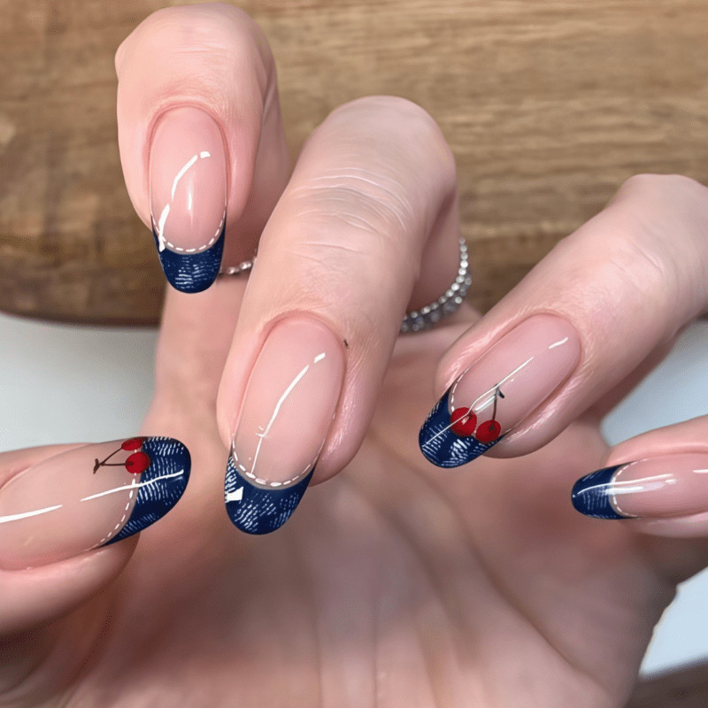 60pcs Almond Press on Nails, Denim French Tip Hand Drawn Cherry Casual Nail Art
