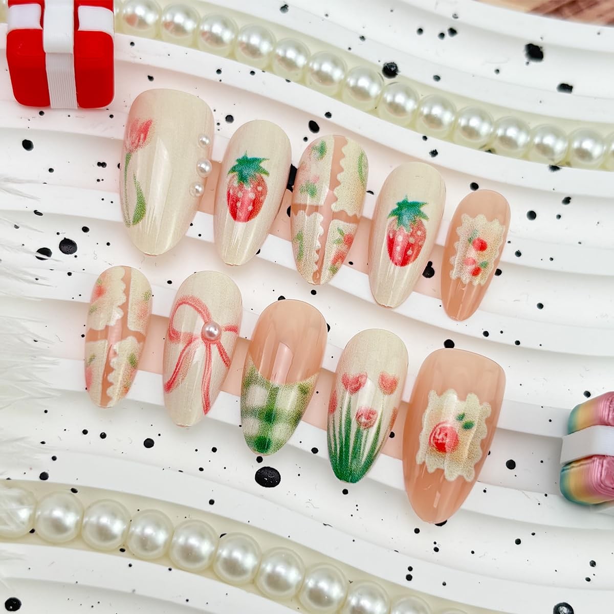 30Pcs Spring Press on Nails Medium Almond Fake Nails with Cute Flower Strawbe…