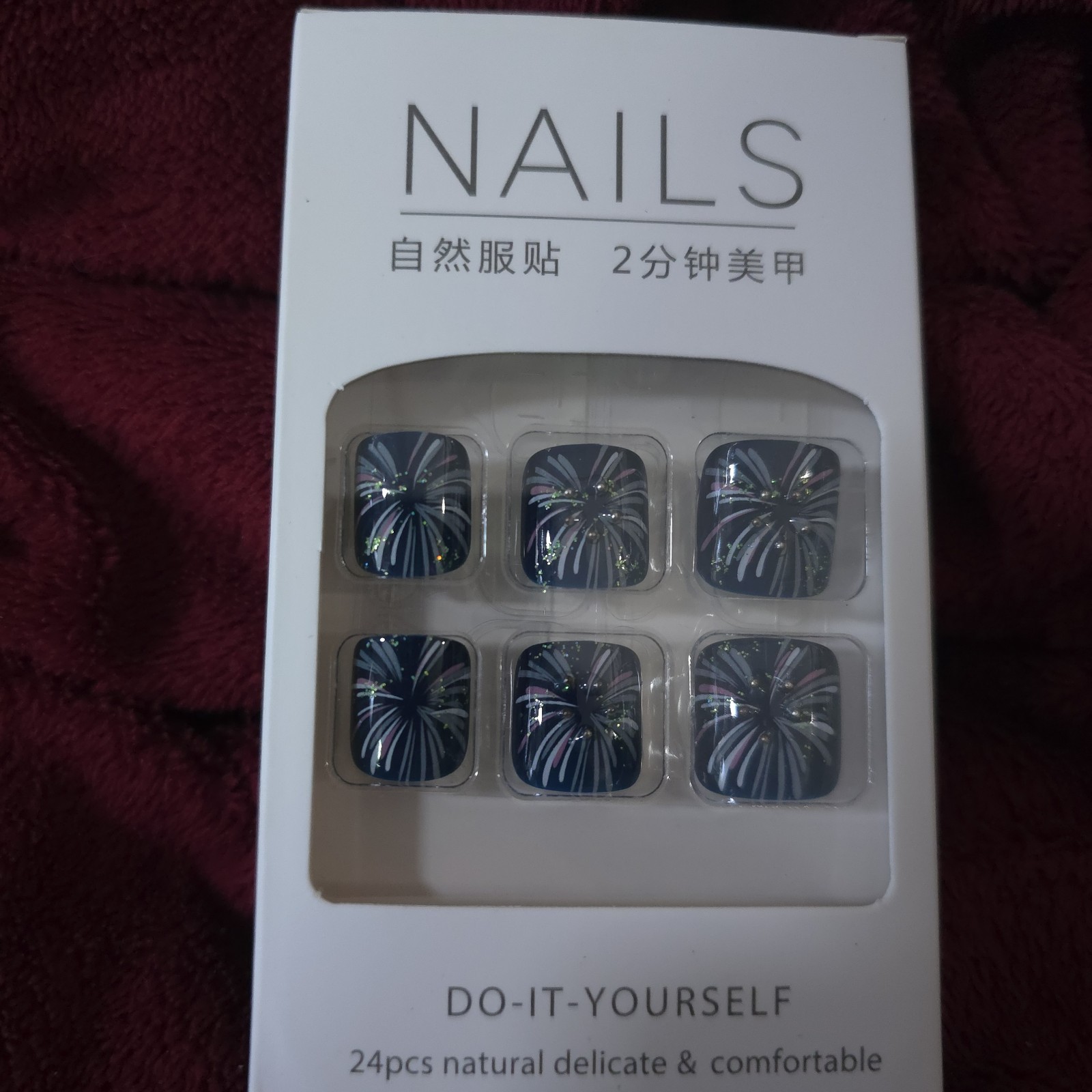 24pc Fireworks Press On Toenails Dark Blue Glitter Fake Nails Full Cover False