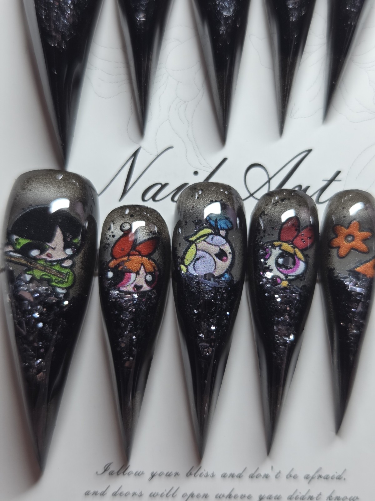 Press On Nails Handmade Large Claw,dragon, Black, Powerpuff Girl, WaterAqua Nail