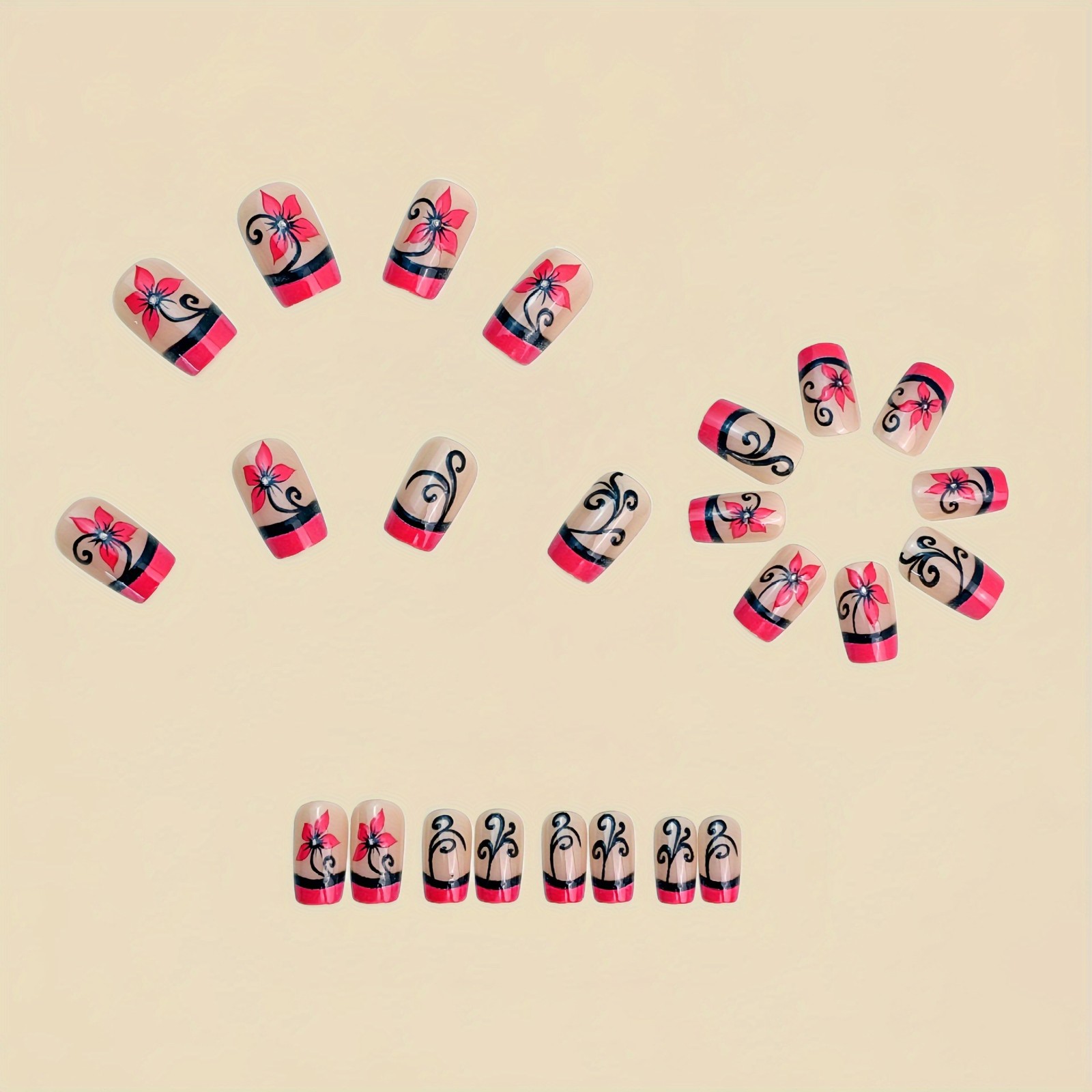 48pcs Press on Nails Pink Black Floral Swirl Square Reusable Glossy Fake Nails
