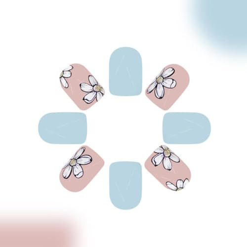 Light Blue Press on Nails Short Square Fake Nails with White Flower Design