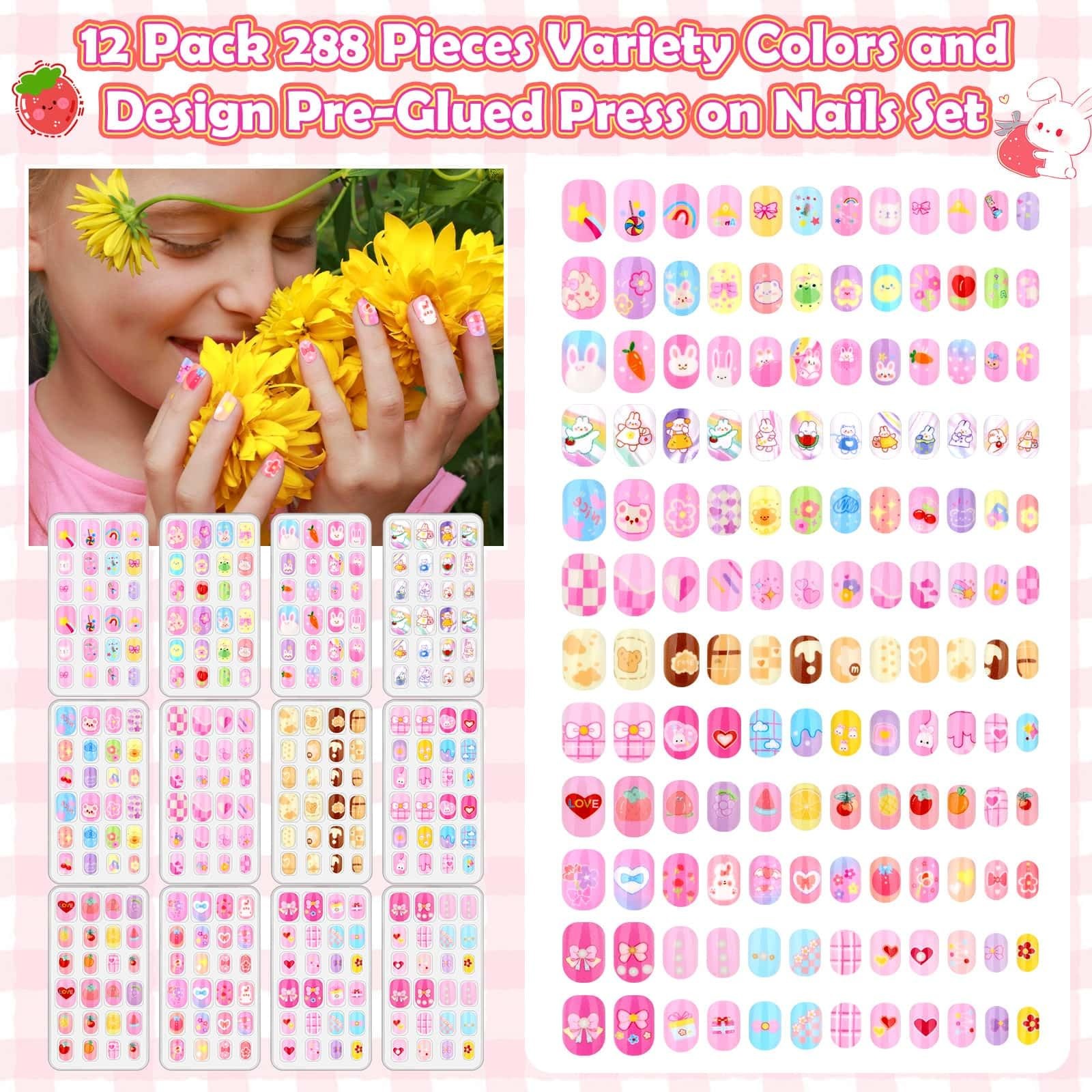 288 Pieces Kids Stick On Nails Girls, Acejoz Fake Nails Set Self Adhesive Press
