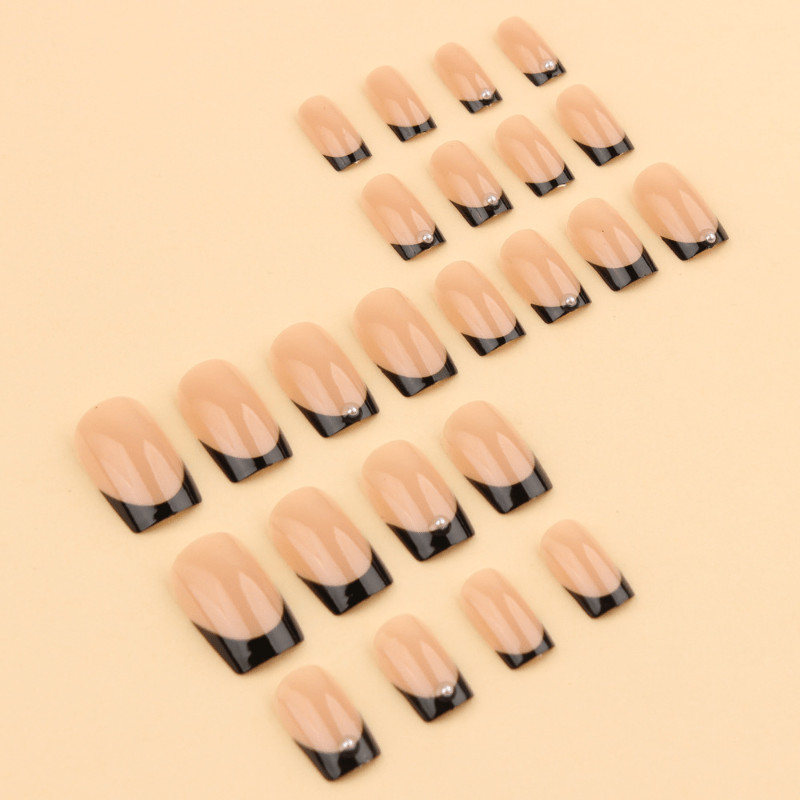 48pcs Short Square Press on Nails, Black French Pearl Nude Gloss Casual Nails