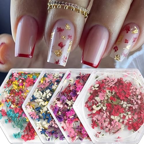 4 Boxes 3D Nail Art Stickers Natural Dry Flowers Nail Stickers Dried Flowers