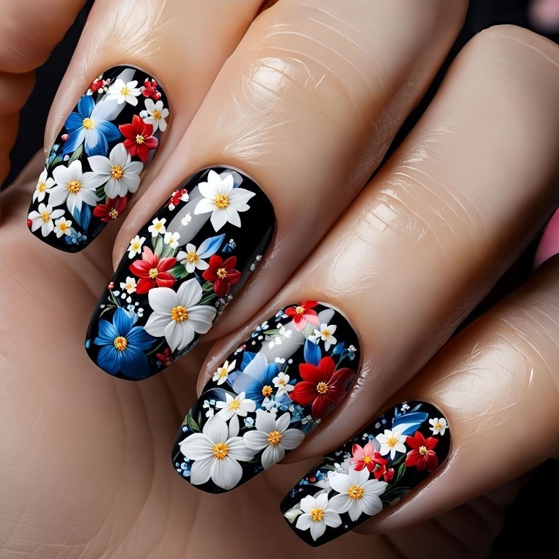 48 Pcs of Medium To Long Ballet Nail, Blue Plant Flower, Fashionable Fake Nail
