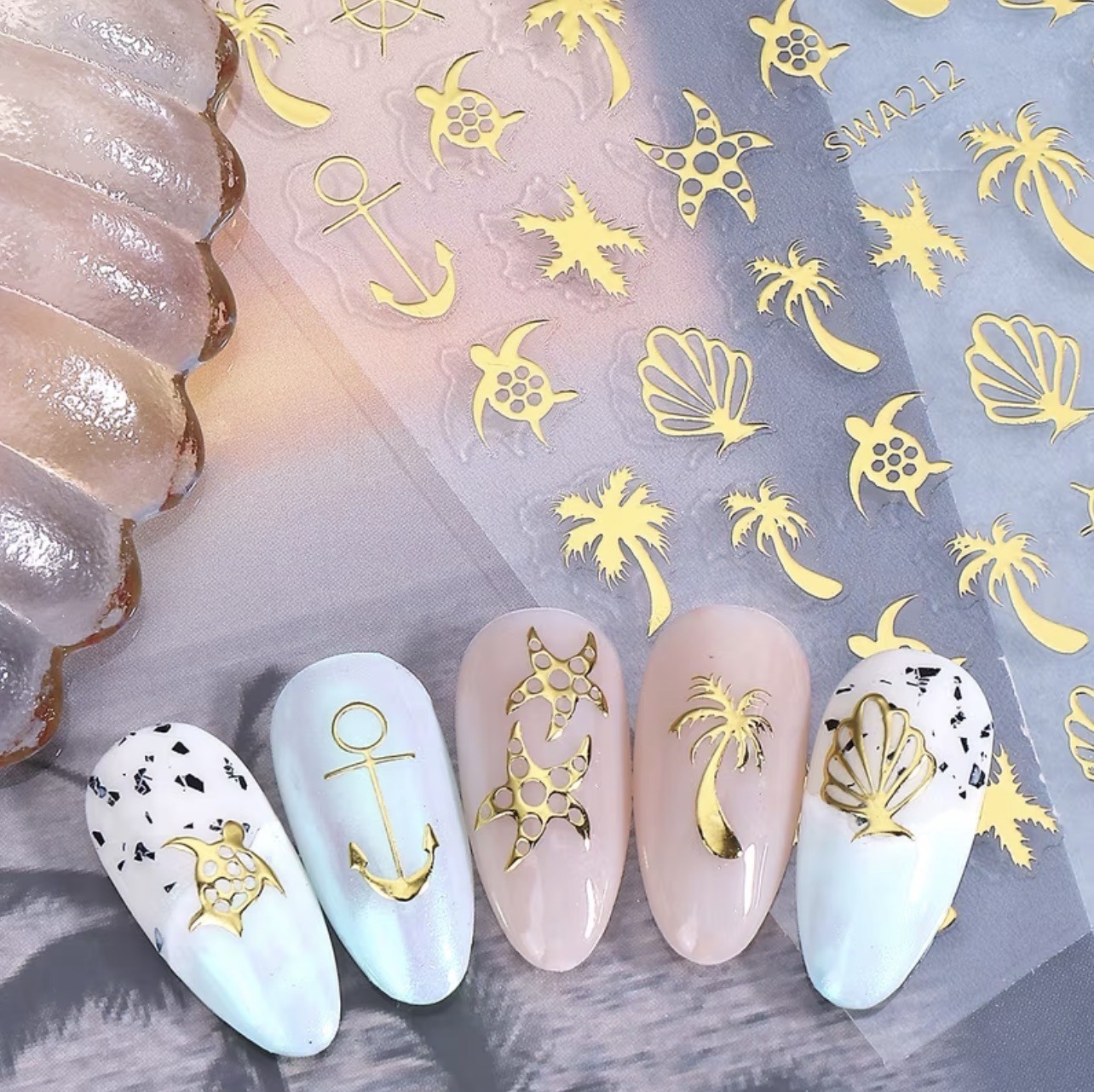 Summer Beach Nail Art Stickers Gold Silver Palm Tree Shell Turtle Anchor SWA212