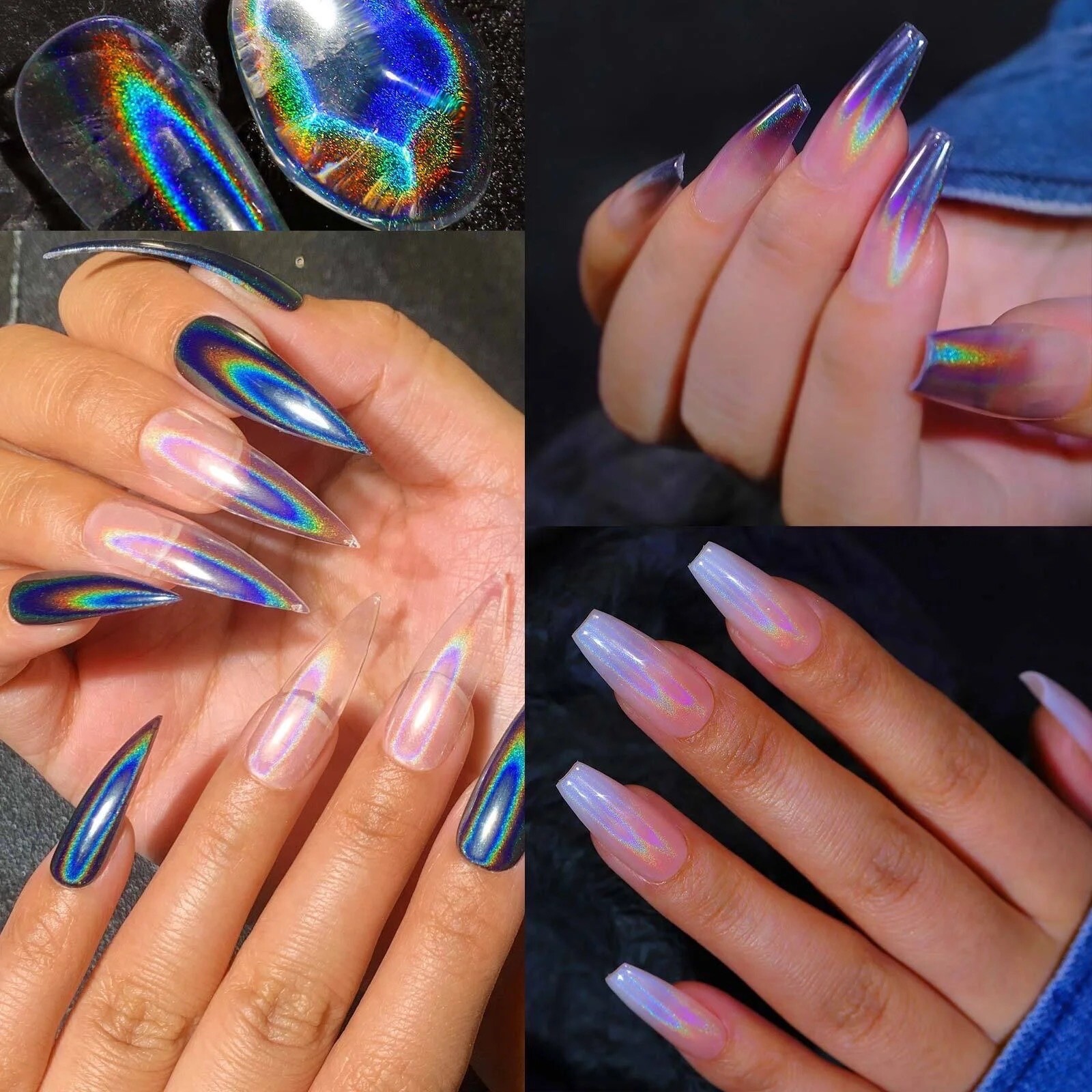 White Holographic Nail Chrome Powder Transparent Effect Clear Unicorn Rainbow