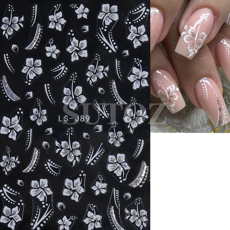 Pink White Glitter 3D Nail Stickers Flower Star Flame French Transfer Decals NH6