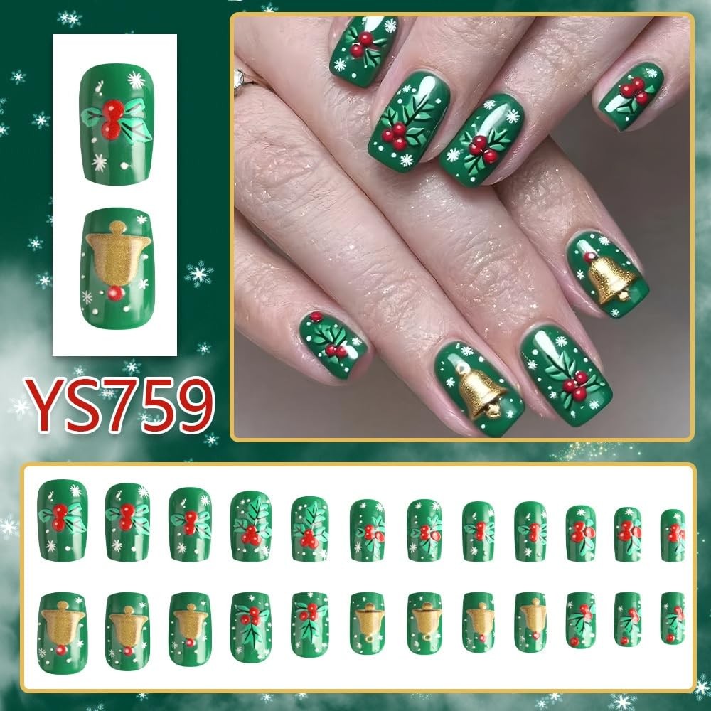 Christmas Press on Nails Short Square Glue on Nails with Holly Fruit Design C…