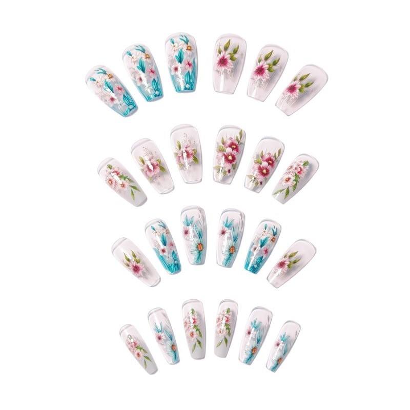 48PCS Ballet Nude Transparent Pink Blue Flower Reusable Fake Nails