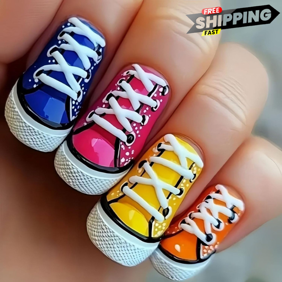 Colorful Sneaker Design Press-on Nails, 24 Pcs Reusable Artificial Nails with