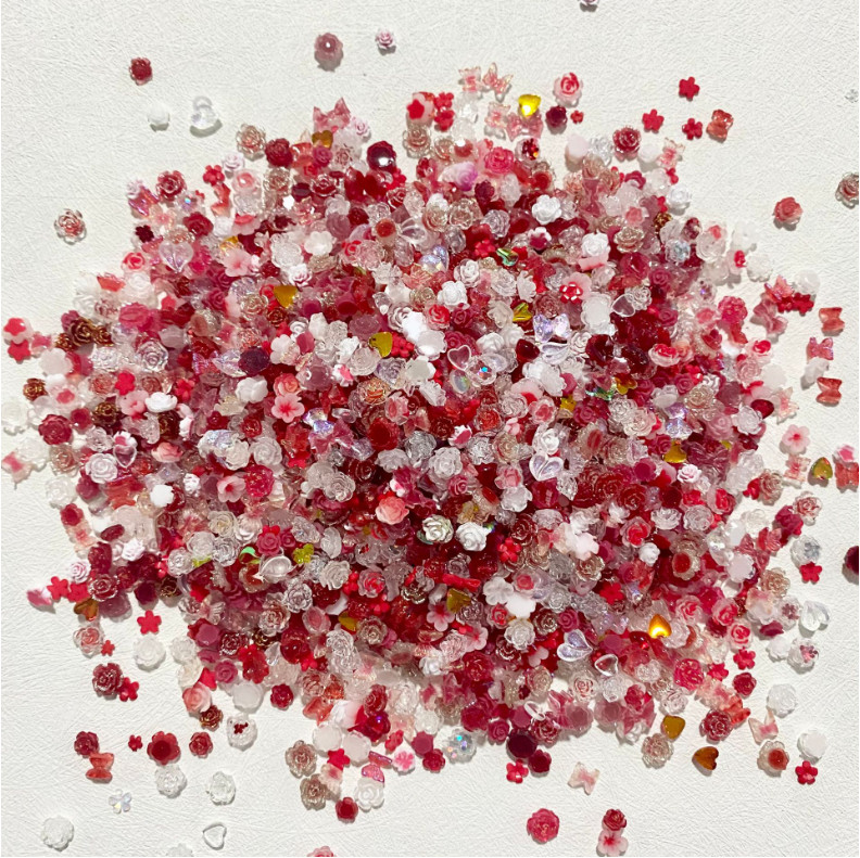Red White Nail Art Charms Mixing Collection Rose Heart Bow Flower Decor 60Pcs