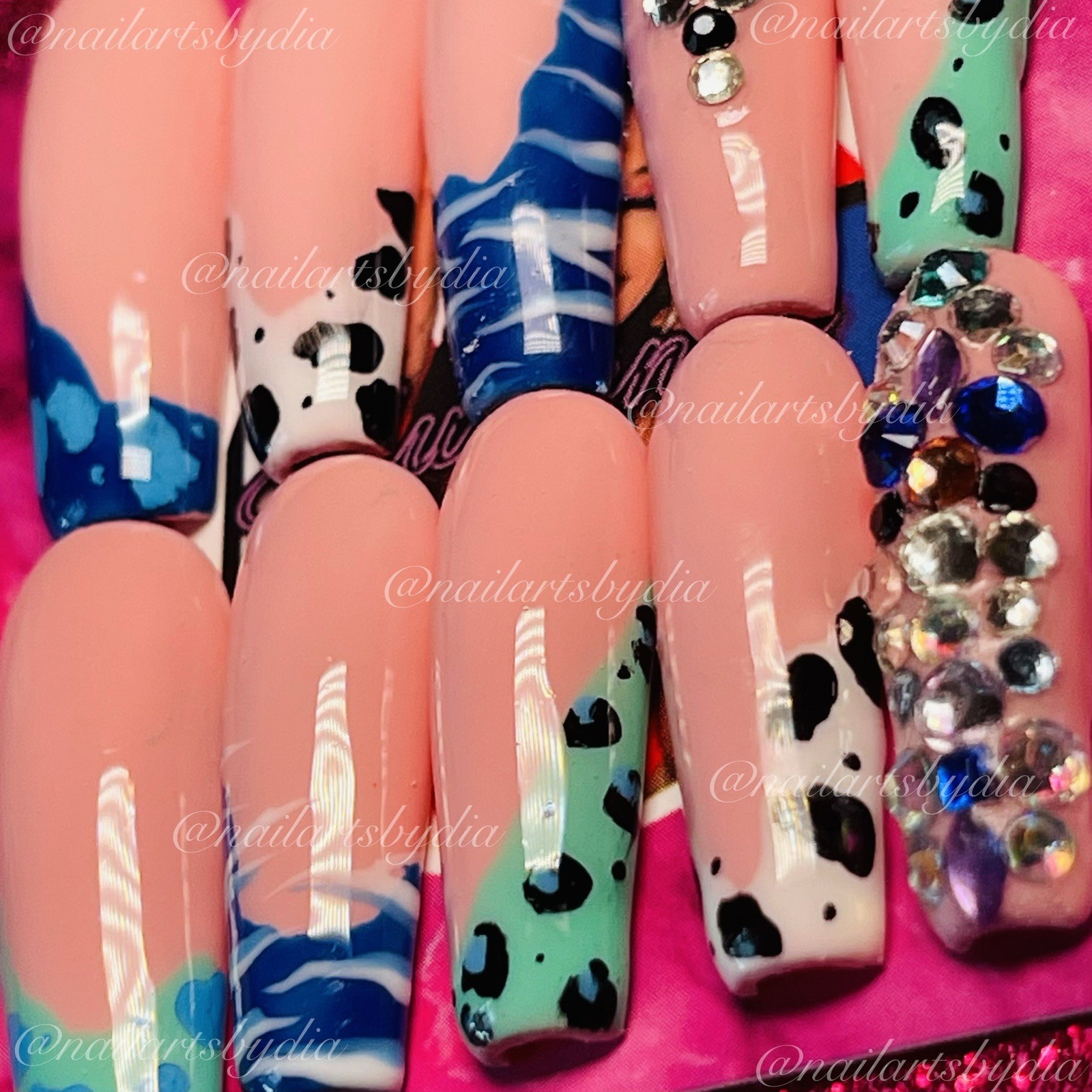 Square Press-On Nails Nude Blue Green Animal Print Full Cover Shiny Long